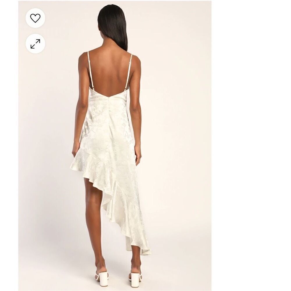 Lulus NWT Love It Ivory Satin Floral Jacquard Asymmetrical Midi Dress Medium (R1 - Picture 3 of 9